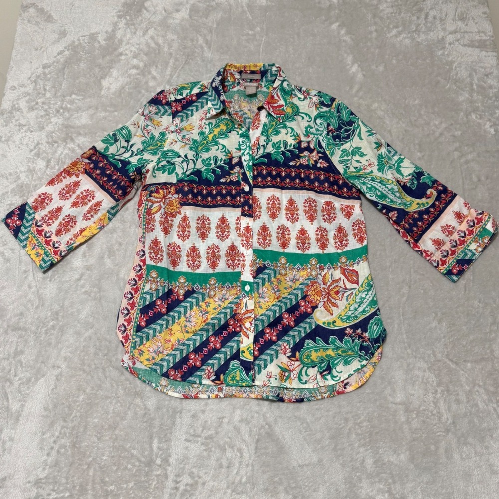 Chico's Women's 100% Linen Button Up 3/4 Sleeve Printed‎ Shirt US size 4-6